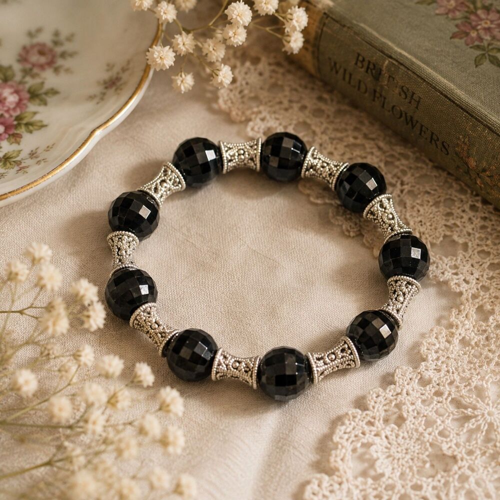 Black Faceted Bead Stretch Bracelet, Chunky Statement Jewelry, Gothic Glam